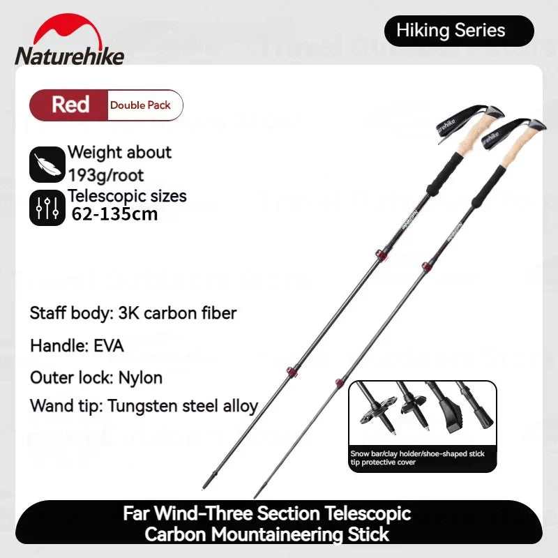 Naturehike Trekking Pole 2pcs 62-135cm 3Sections Carbon Fiber