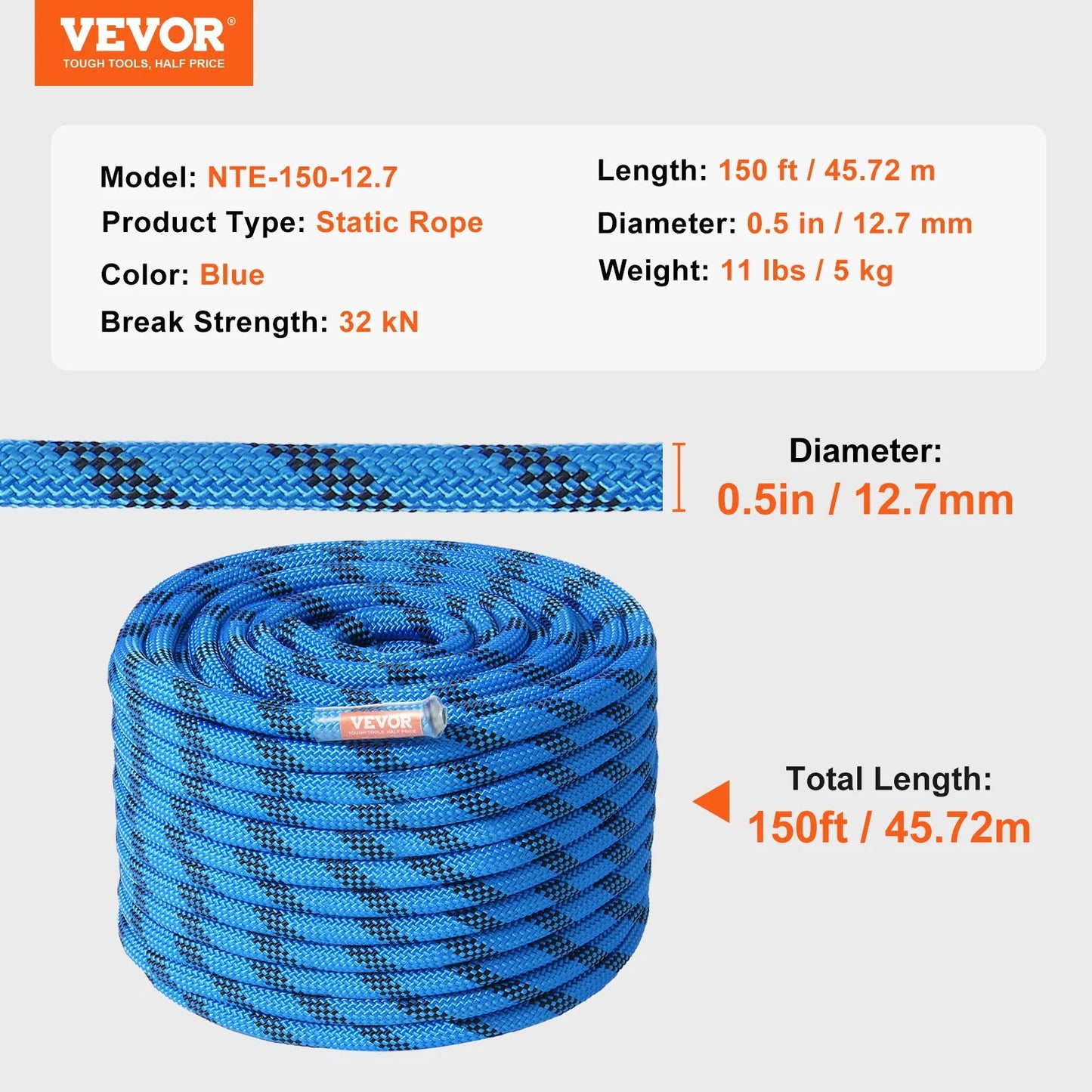 VEVOR 12.7mm Static Climbing Rope 125/150/200ft WildPeak